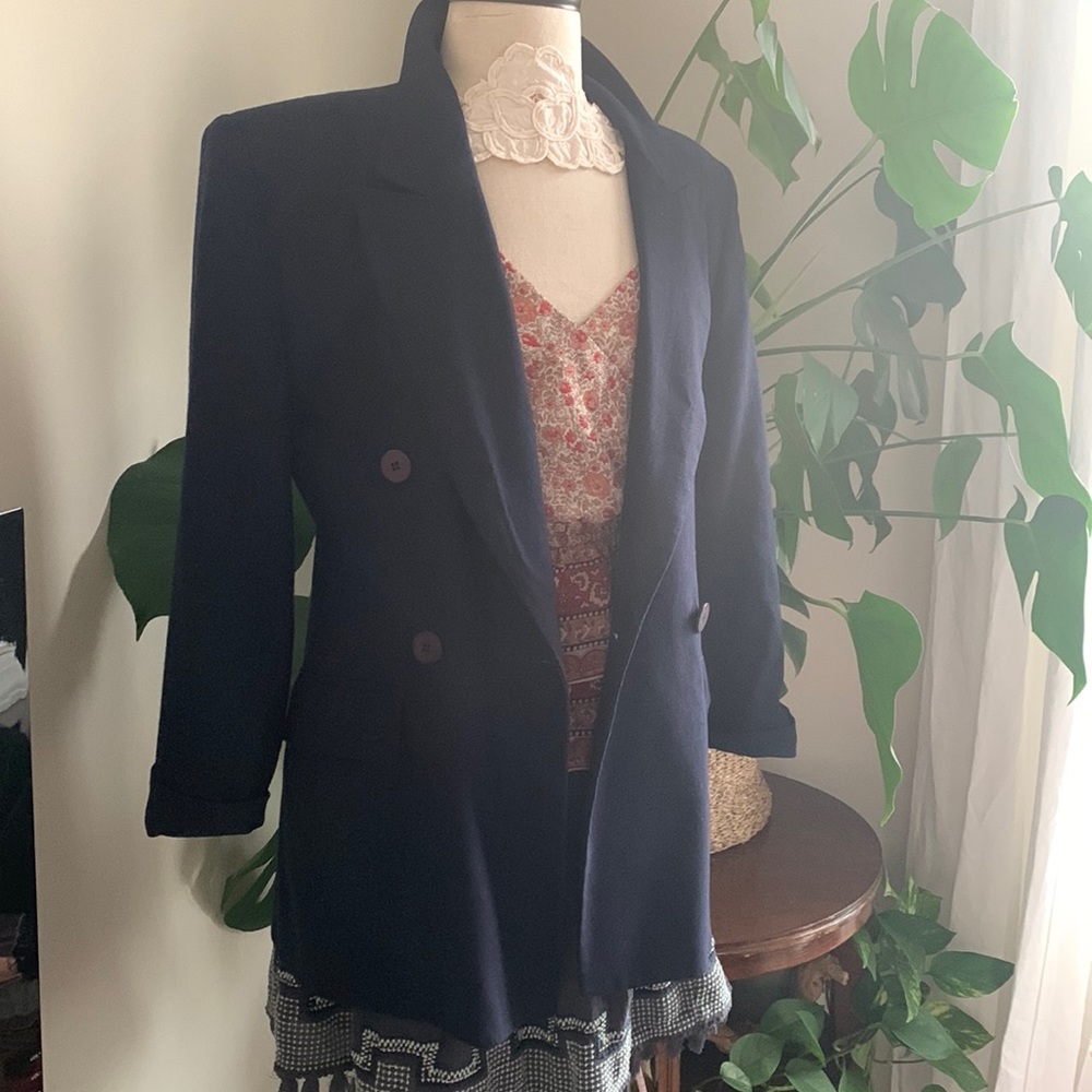 Vintage navy linen w/ lining double breasted blazer